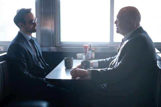 (L-R) Daredevil/Matt Murdock (Charlie Cox) and Kingpin/Wilson Fisk (Vincent D'Onofrio) in Marvel Television's DAREDEVIL: BORN AGAIN, exclusively on Disney+. Photo by Giovanni Rufino. ?? 2024 MARVEL.