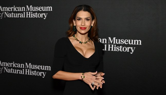 Hilaria Baldwin at a red carpet event posing with her hands together wearing a black dress