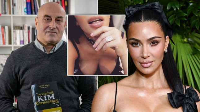 A compilation image of Kim Kardashian posing with jewellery in 2016, at a red carpet event, and Yunis Abbas holding his book I Kidnapped Kim Kardashian