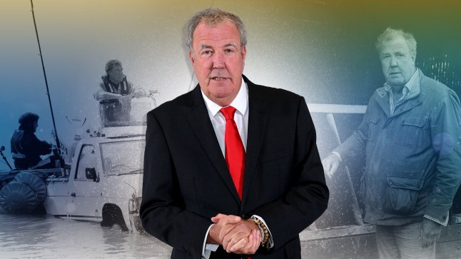 Jeremy Clarkson. He's standing at the centre of the image in a black suit and red tie. To the left an image can be seen of him on Top Gear. To the right, an image can be seen of him on Clarkson's Farm.