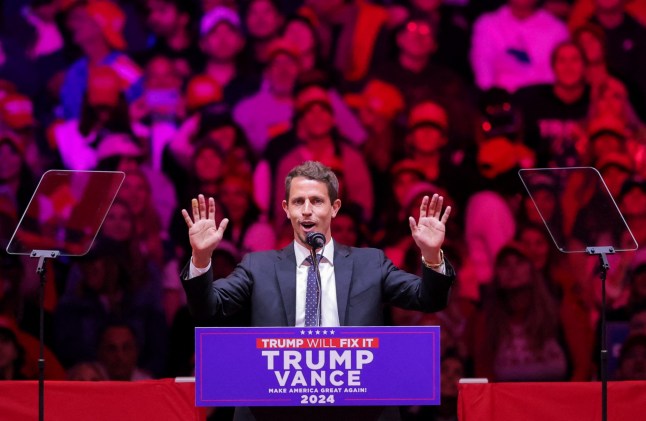 Comedian Tony Hinchcliffe speaks during a rally for Republican presidential nominee and former U.S. President Donald Trump at Madison Square Garden, in New York, U.S., October 27, 2024. REUTERS/Andrew Kelly