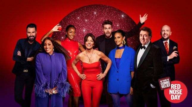Comic Relief 2025,21-03-2025,Rylan Clark;Alison Hammond;AJ Odudu;Davina McCall;Joel Dommett;Alesha Dixon;Jonathan Ross;Tom Allen,Comic Relief 2025 - Hosts of Red Nose Day, Night of TV. *Image embargoed until 00.01hrs Tue 11th March 2025* (Use of this image is limited solely to the promotion of the Comic Relief 2025 Night of TV. Any further uses require advance permission from copyright holders; Comic Relief, BBC, ITV Studios, Freemantle, Hearst Magazines UK),BBC/Comic Relief/Hearst Magazines UK/ITV Studios/Freemantle,Ray Burmiston/Matthew Shave/Rachel Joseph/Nicky Johnston/Matt Frost