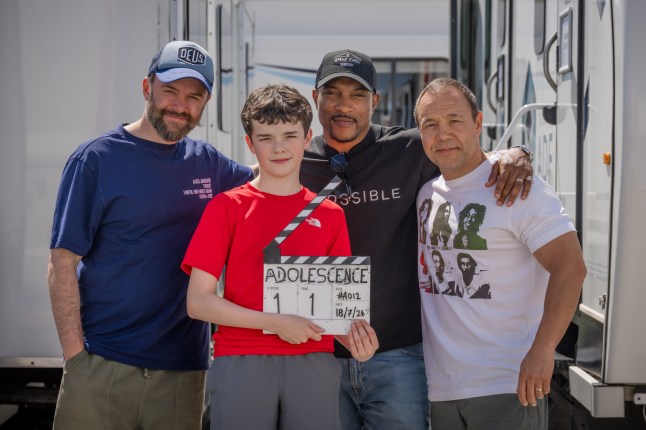 Adolescence*. (L to R) Phillip Barantini, Owen Cooper, Ashley Walters, Stephen Graham on the set of Adolescence. Cr. Courtesy of Netflix/Ben Blackall ?? 2024 *working title