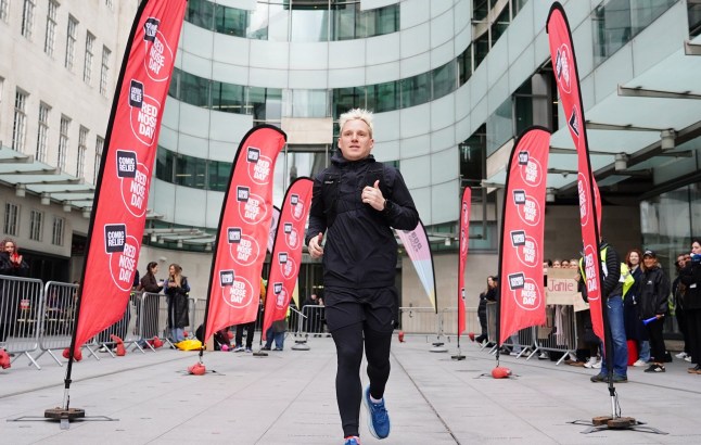 Radio 1 presenter Jamie Laing outside BBC Broadcasting House in London before his Red Nose Day Run, a 150+ mile run from London to Manchester to raise money for Comic Relief. Picture date: Monday March 17, 2025. PA Photo. See PA story SHOWBIZ ComicRelief. Photo credit should read: Ian West/PA Wire