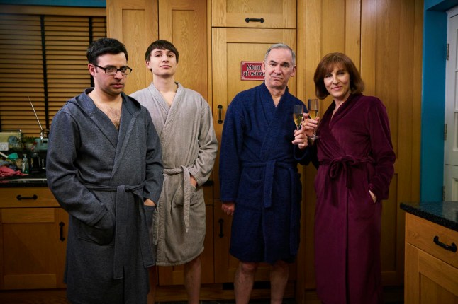 Television programme: FRIDAY NIGHT DINNER. Adam (Simon Bird), Jonny (Tom Rosenthal), Jackie (Tamsin Greig) Martin (Paul Ritter)
