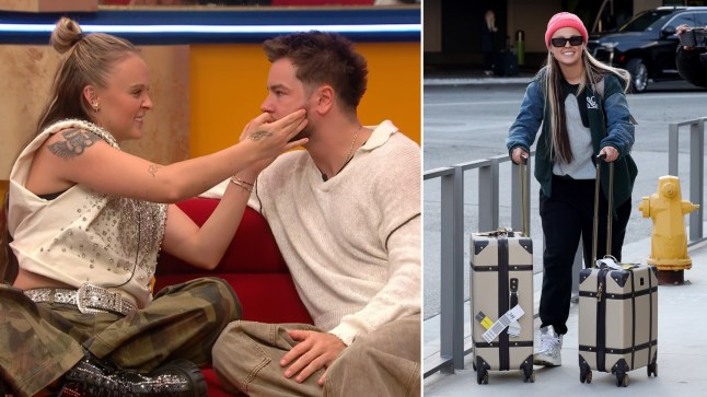 A composite image of JoJo Siwa and Chris Hughes alongside JoJo Siwa rolling suitcases