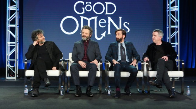 Mandatory Credit: Photo by David Buchan/Variety/REX (10103513b) Neil Gaiman, Michael Sheen, David Tennant and Douglas MacKinnon Amazon Prime 'Good Omens' TV Show Panel, TCA Winter Press Tour, Los Angeles, USA - 13 Feb 2019